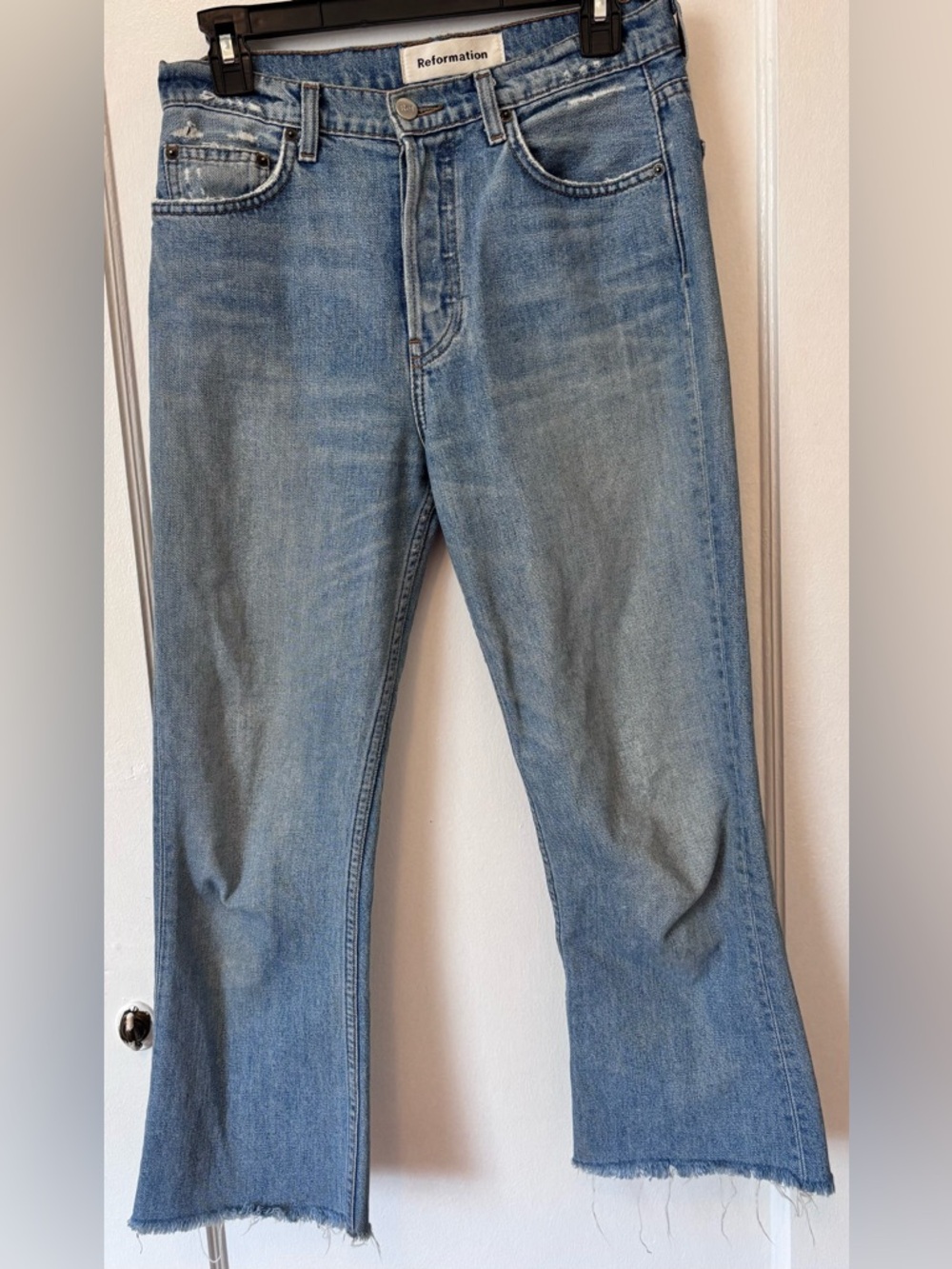 Reformation Jordi Kick Flare Jeans 26 High Rise Cropped Raw Hem Blue Denim